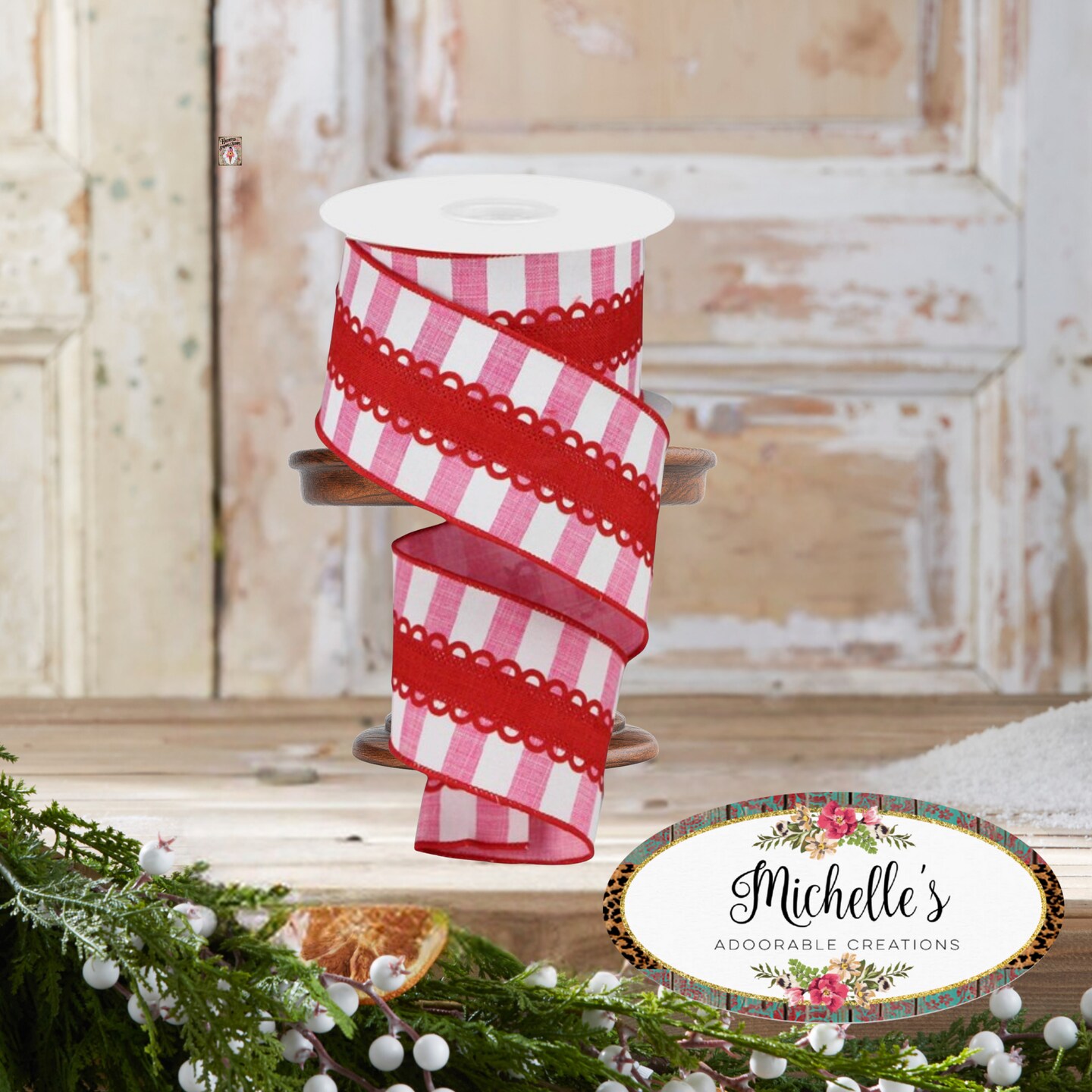 2.5&#x22; Lace On Horizontal Stripe Ribbon: Pink/White (10 Yards)