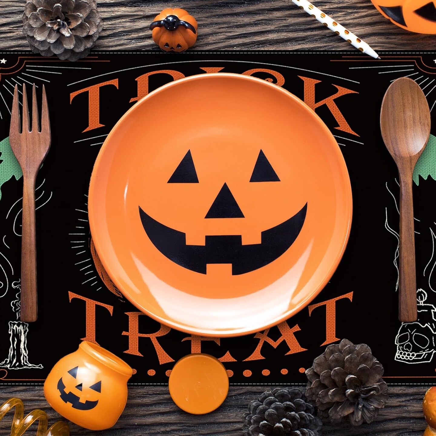 4Pcs Halloween Placemats Pumpkin Bat Black Cat Skeleton Table Mat(Colorful)
