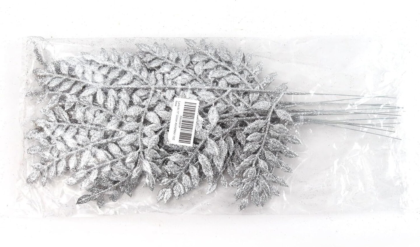 2PC Silver Glitter Ash Leaf Spray – 17" Artificial Christmas Tree Picks