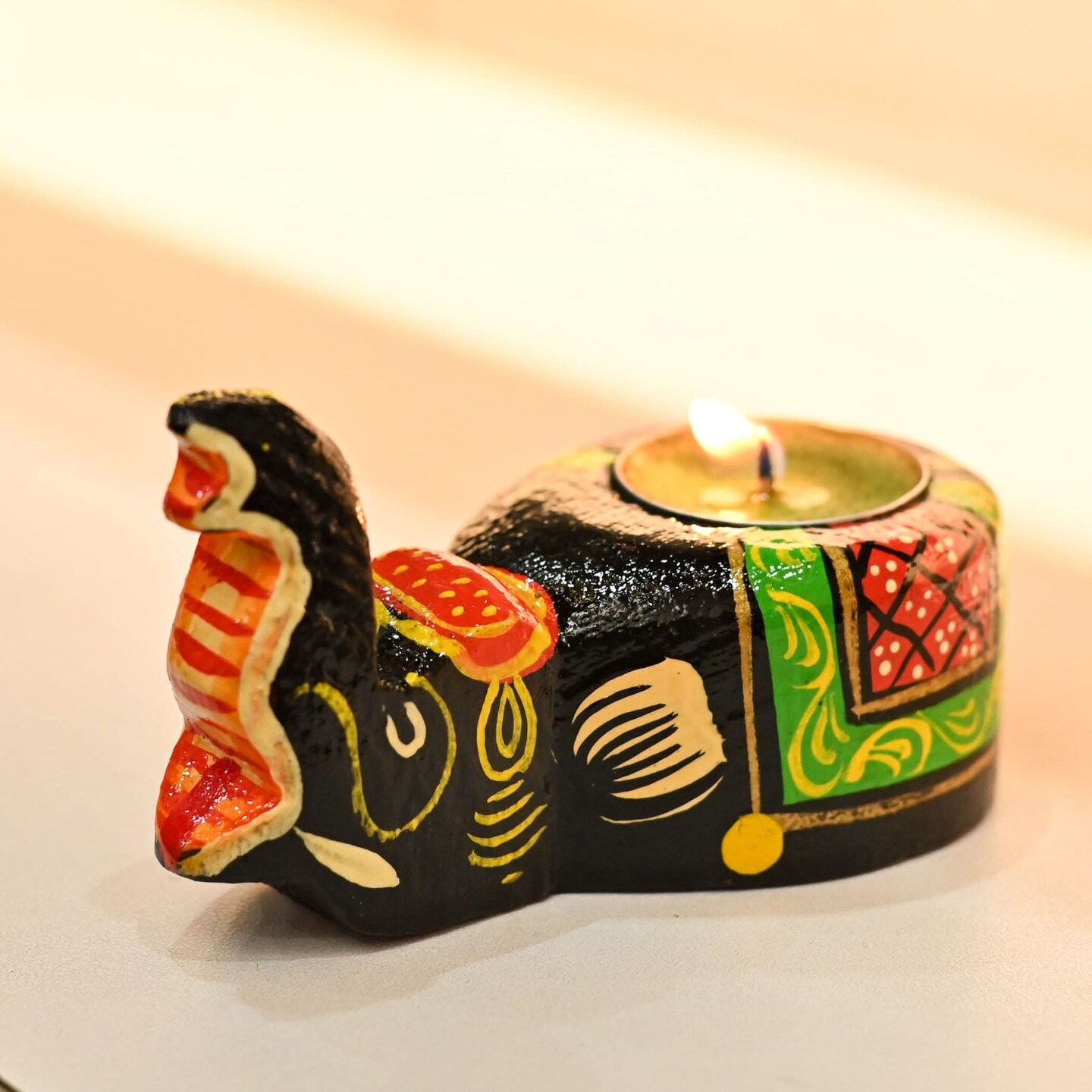 Wooden Elephant Tealight Candle Holder Handpainted Sitting Elephant T-light Table Top Decorative Showpiece Home Living Room Office Decor Indian Festival Housewarming Diwali Return Gifts