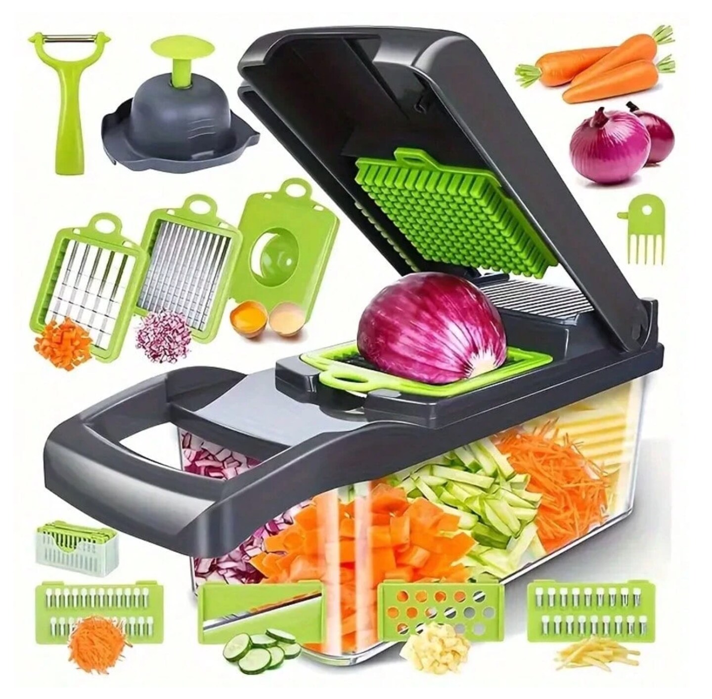 16-in-1 Vegetable Chopper & Spiralizer with Container – Fruit & Veg Slicer Kitchen Gadgets for Quick Meal Prep (White)