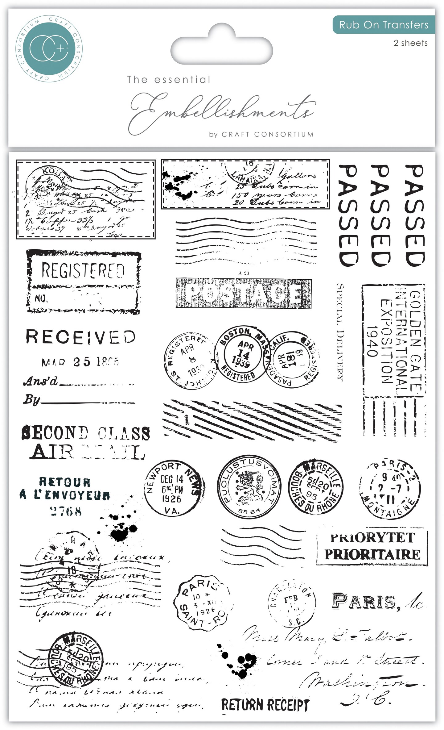 Craft Consortium Rub On Transfers for Crafts - 2 Sheets, Assorted Decorative Postage Decals for Scrapbooking, Card Making, Paper Crafts