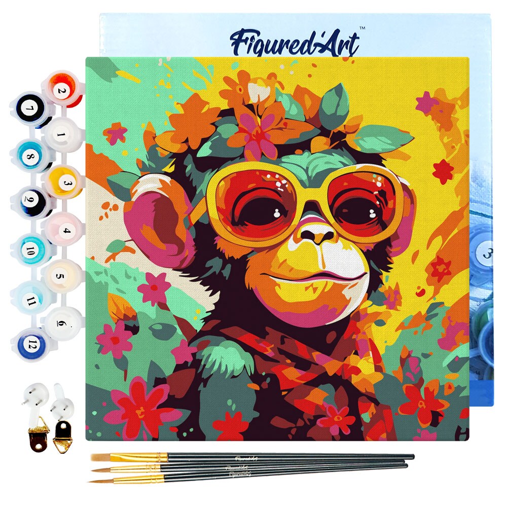Figured'Art Mini Paint by Numbers Kit for Adults with Frame Fantasy monkey and flowers Small format 8"x8" - Craft Art Painting DIY Canvas Already Stretched on a Wooden Frame