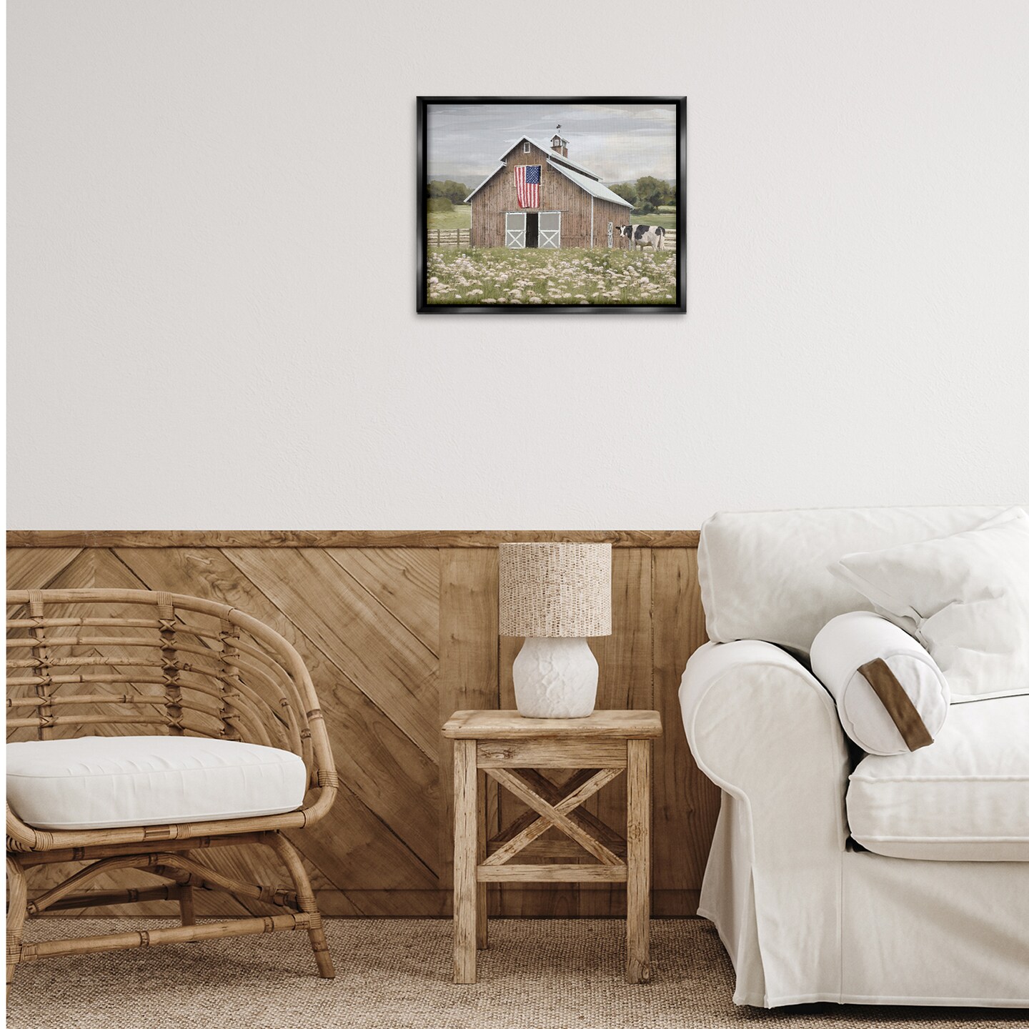Stupell Industries Patriotic Barn & Cow Floater Framed Canvas Wall Art Design by Amber Sterling