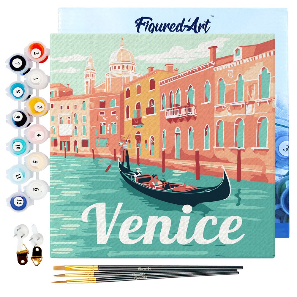 Figured&#x27;Art Mini Paint by Numbers Kit for Adults with Frame Travel Poster Venice Small format 8&#x22;x8&#x22; - Craft Art Painting DIY Canvas Already Stretched on a Wooden Frame