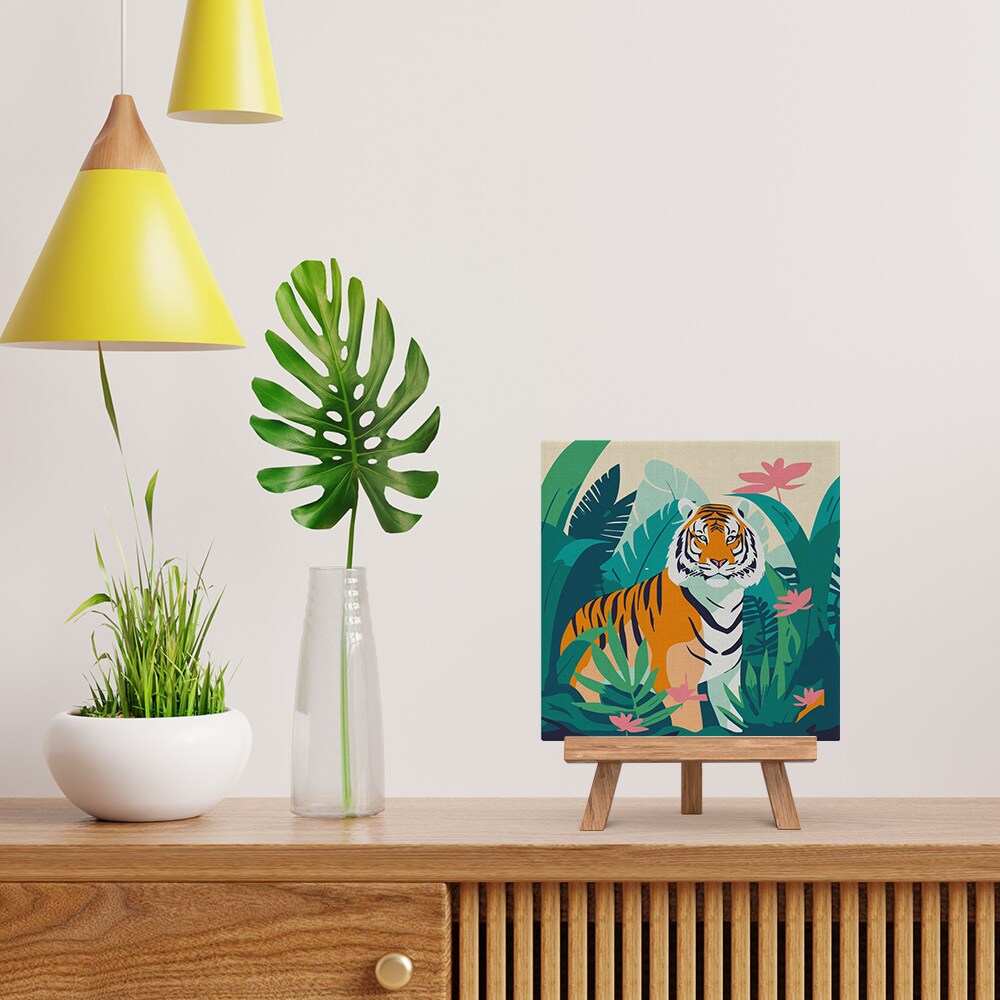 Figured'Art Mini Paint by Numbers Kit for Adults with Frame Tropical Bengal Tiger Small format 8"x8" - Craft Art Painting DIY Canvas Already Stretched on a Wooden Frame