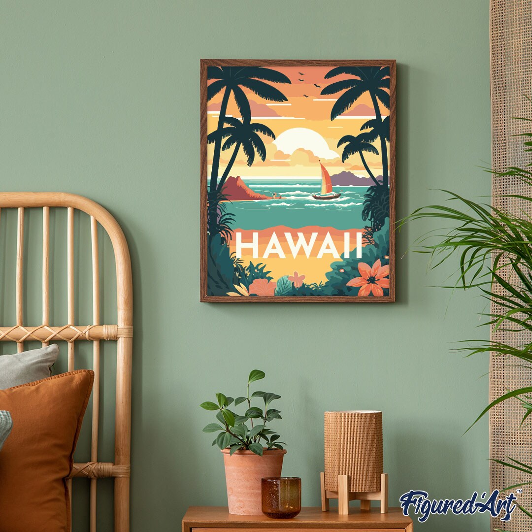 Figured'Art Paint by Numbers for Adults Travel Poster Hawaii 16"x20" - Craft Art Painting Rolled Canvas with DIY wooden frame