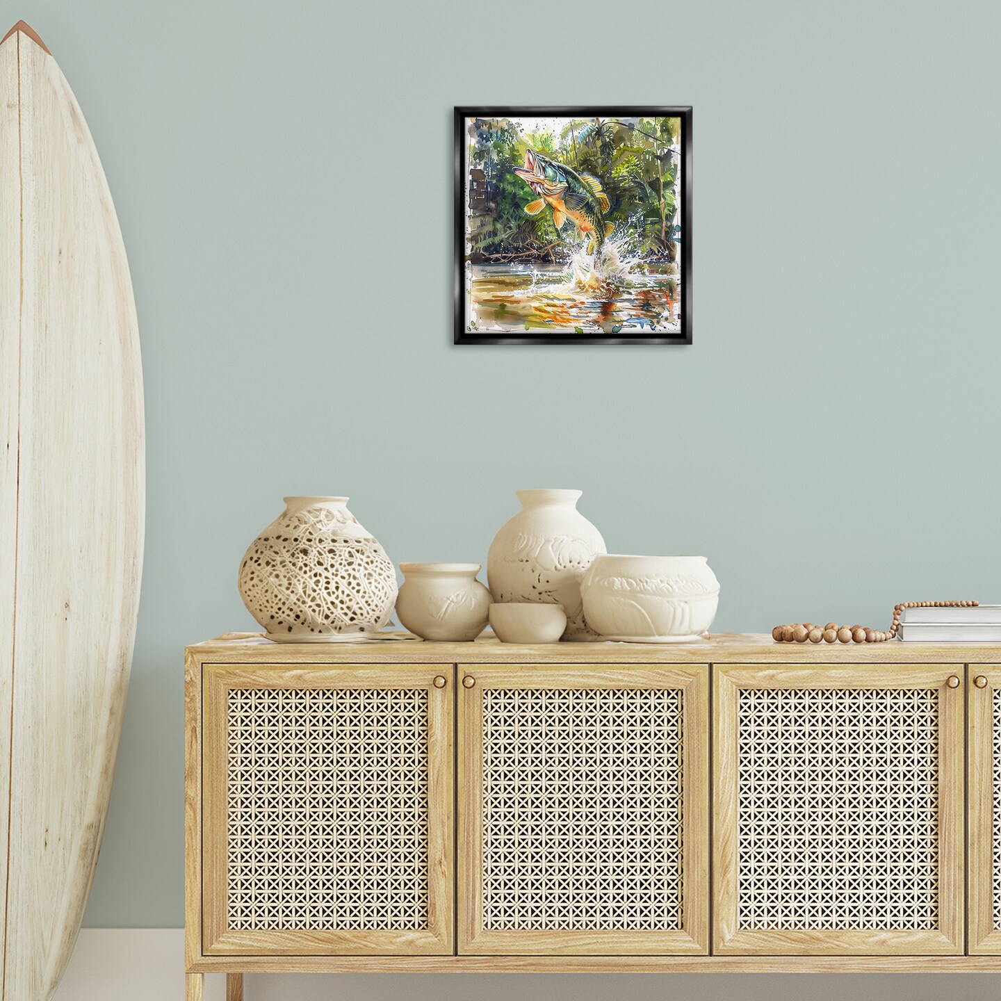 Stupell Industries Jumping Bass Fish Floater Framed Canvas Wall Art Design by LSR Design Studio