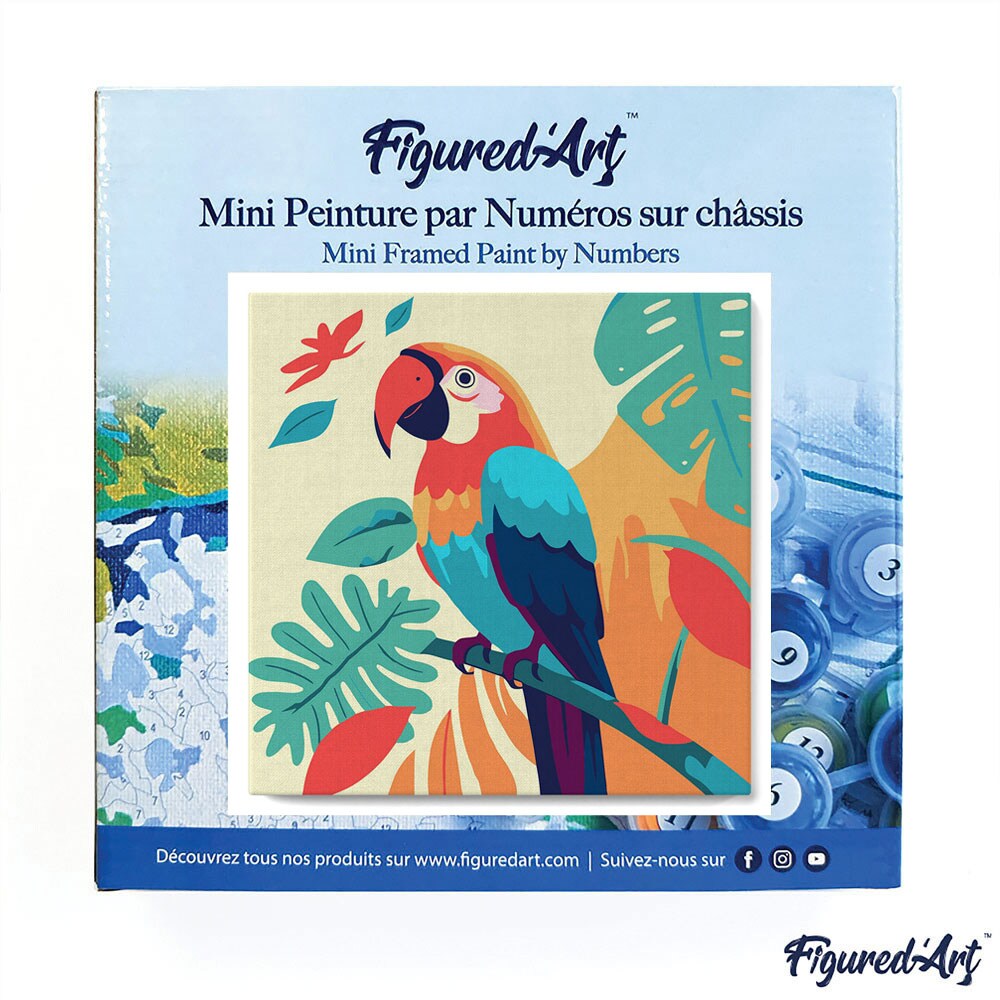 Figured&#x27;Art Mini Paint by Numbers Kit for Adults with Frame Tropical Parrot Small format 8&#x22;x8&#x22; - Craft Art Painting DIY Canvas Already Stretched on a Wooden Frame