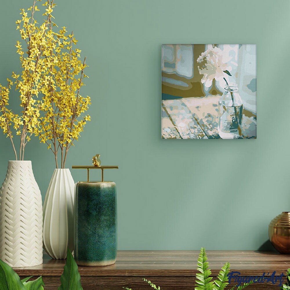 Figured&#x27;Art Mini Paint by Numbers Kit for Adults with Frame White Flower Small format 8&#x22;x8&#x22; - Craft Art Painting DIY Canvas Already Stretched on a Wooden Frame