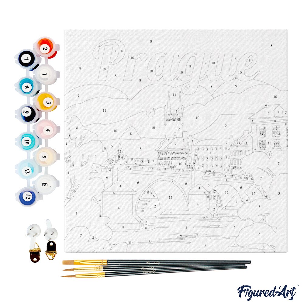 Figured'Art Mini Paint by Numbers Kit for Adults with Frame Travel Poster Prague Small format 8"x8" - Craft Art Painting DIY Canvas Already Stretched on a Wooden Frame