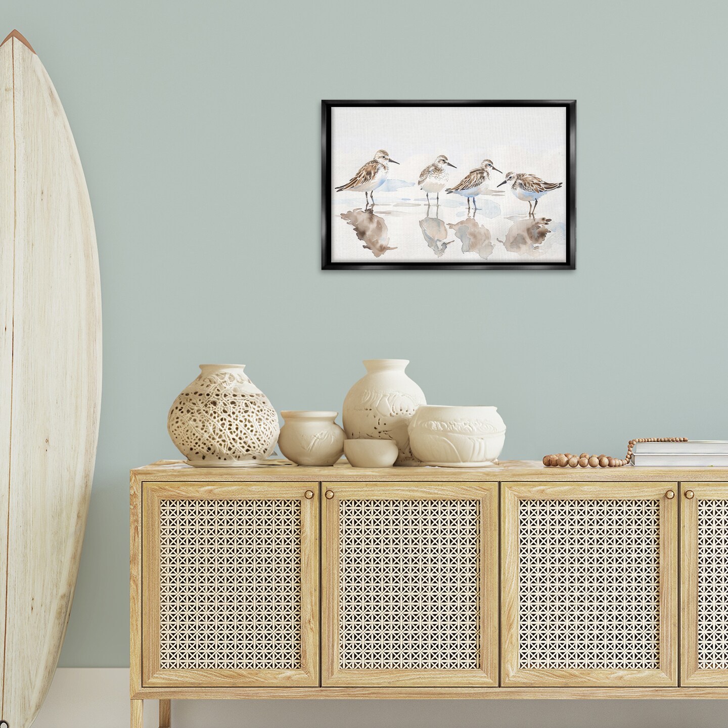 Stupell Industries Sandpipers Shore Reflection Floater Framed Canvas Wall Art Design by Petal Prints Design
