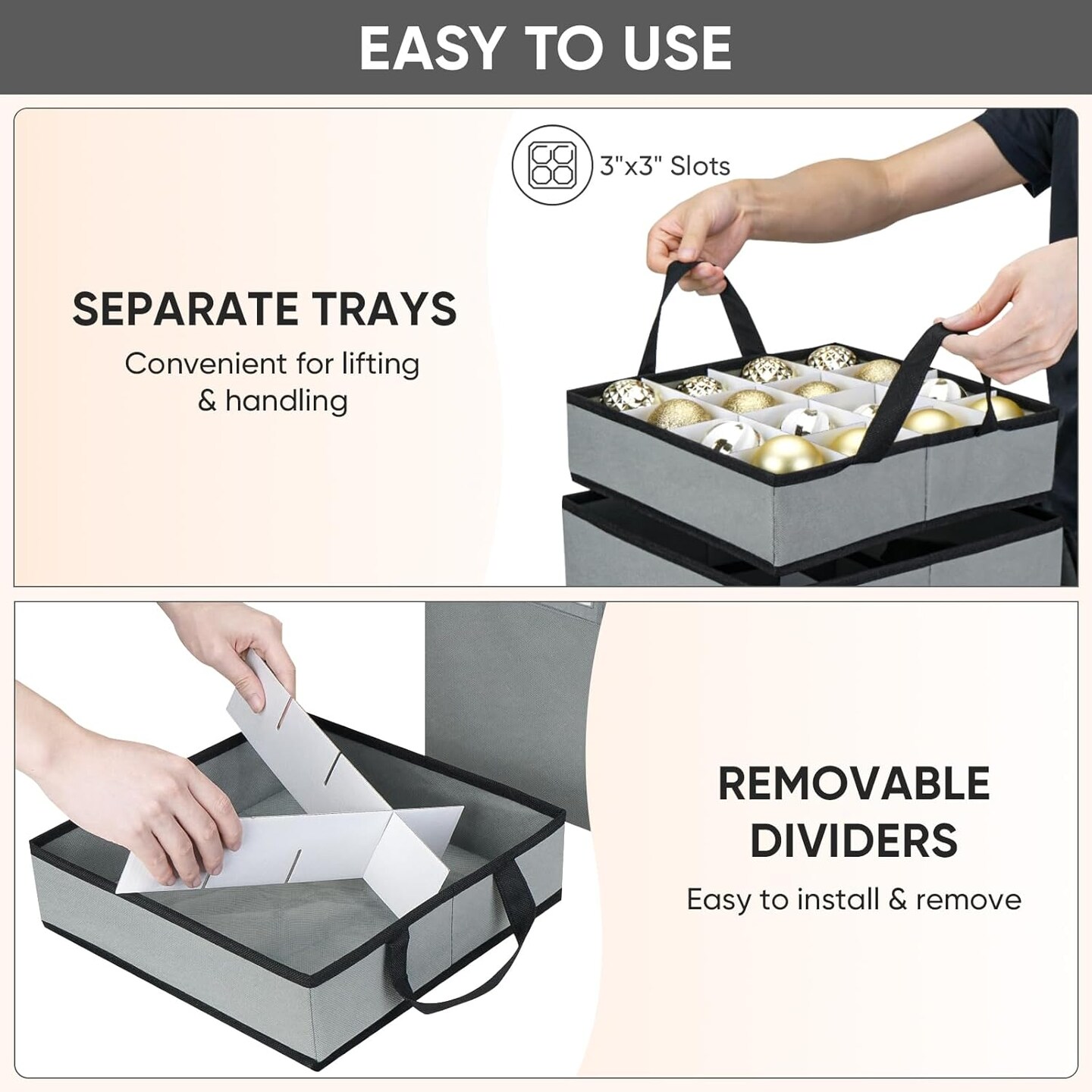 Christmas Ornament Storage Box with Dividers, Premium Holiday Ornaments Storage Container Bin for Xmas Decorations (64 Ball, Grey)