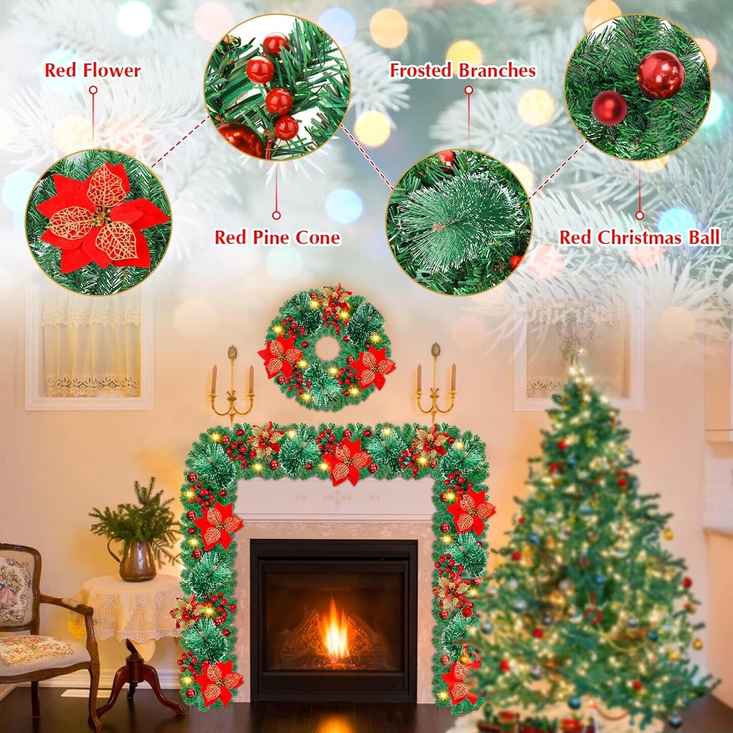 Prelit Artificial Christmas Garland,9FT Christmas Wreath for Christmas Decorations,Christmas Garlands with Lights,Rattan Decorations Xmas for Fireplaces Stairs,Holiday,Wedding Party,Evergreen