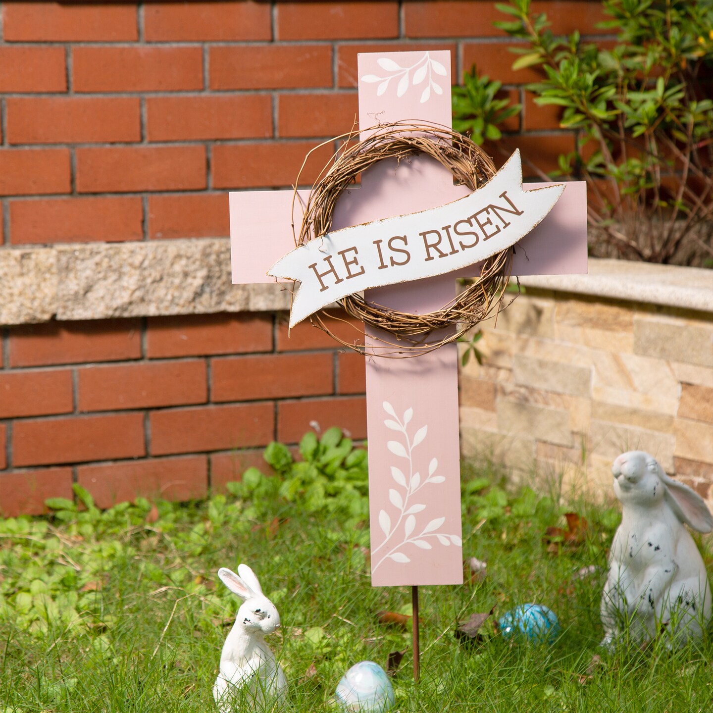 32&#x22;H Easter Wooden/Metal Cross Yard Stake or Wall Decor