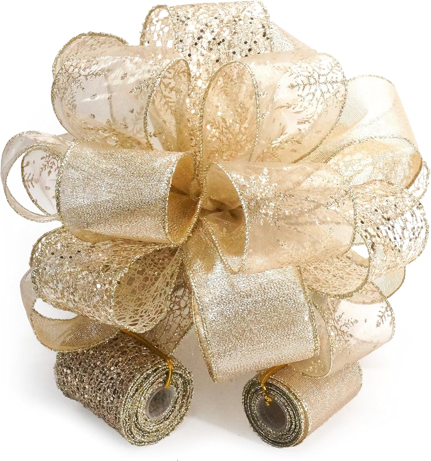 Christmas Tree Topper Bow - Bow: 11&#x22; sq. - Tails: 3 Yards Long Each - Champagne Snowflake