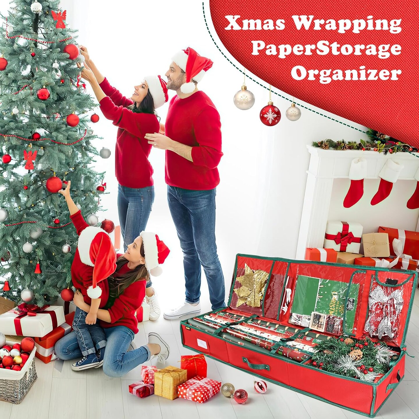 42&#x27;&#x27; Gift Wrap Organizer Christmas Wrapping Paper Storage Sturdy 600D Oxford Fabric Xmas Accessories Containers Bag Large Capacity Ornaments Storage Box (Red)