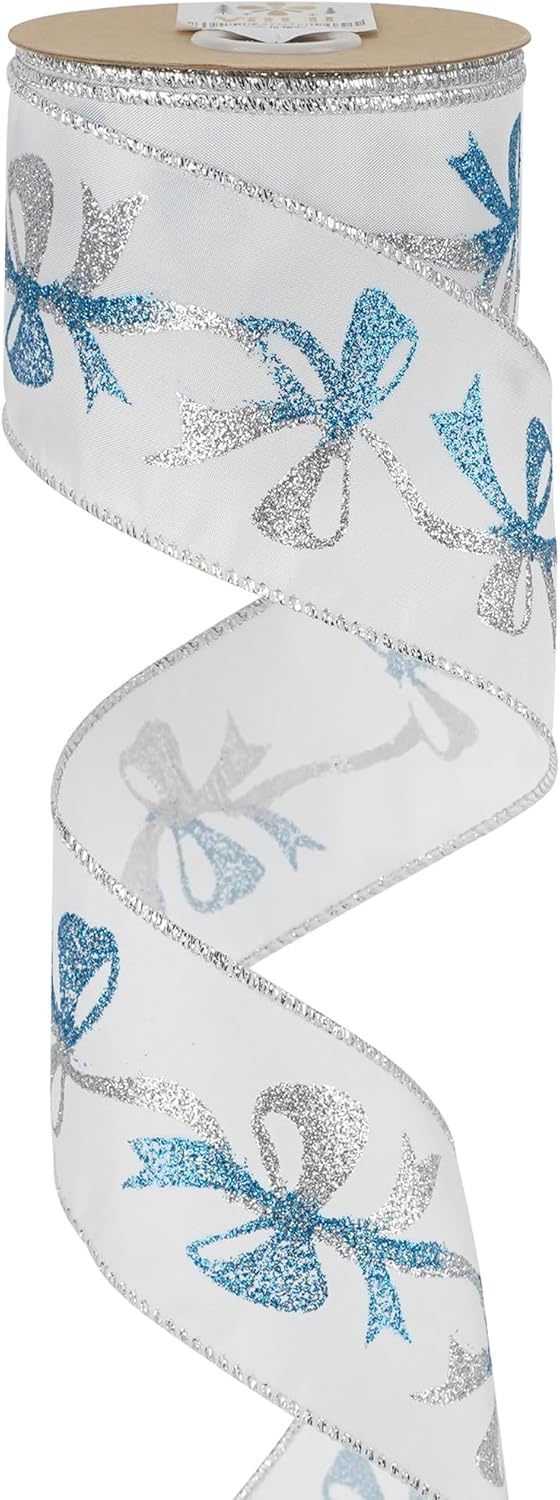 Blue and Silver Christmas Ribbon 2.5 Inch White Satin Ribbon with Turqupise and Silver Glittery Bows Pattern 25 Yards Blue and Silver Christmas Wired Ribbon for Tree, Garlands, Topper Bow