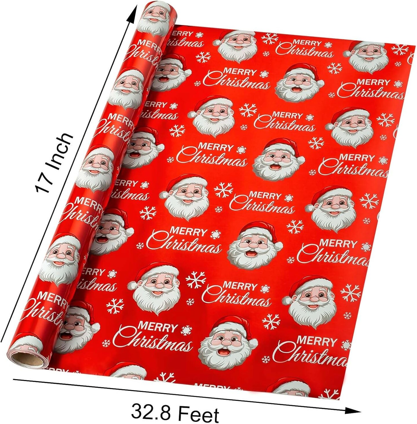 Christmas Wrapping Paper Roll - 17 Inches x 32.8 Feet Red White Metallic Foil Shine Cute Present Packing Paper - Santa Claus/Snowflakes/Merry Christmas Lettering Design