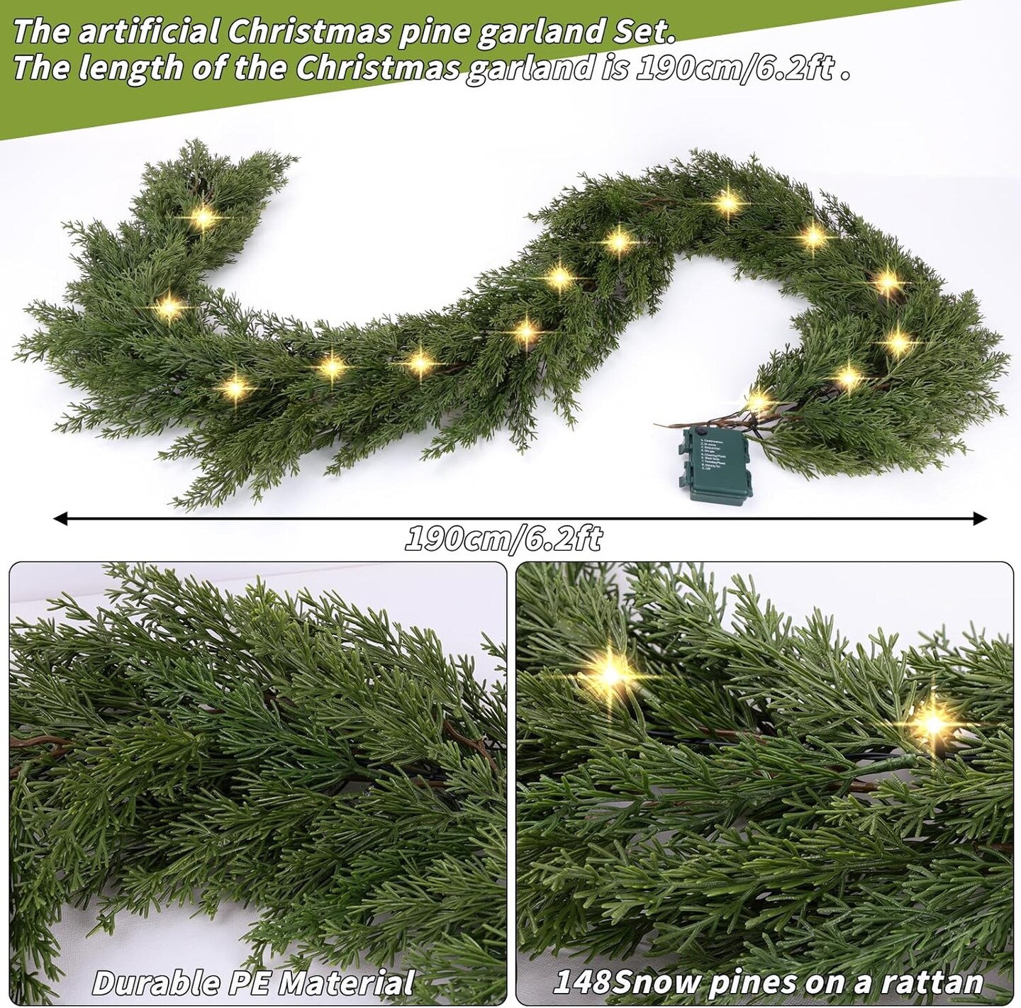6.2 FT Prelit Christmas Cedar Garland 2 PCS, Realistic Artificial Pine Needle Garland Faux Cypress Greenery Garland with 20 Lights for Christmas Table Mantle Wall Room Outdoor Indoor Winter Decoration