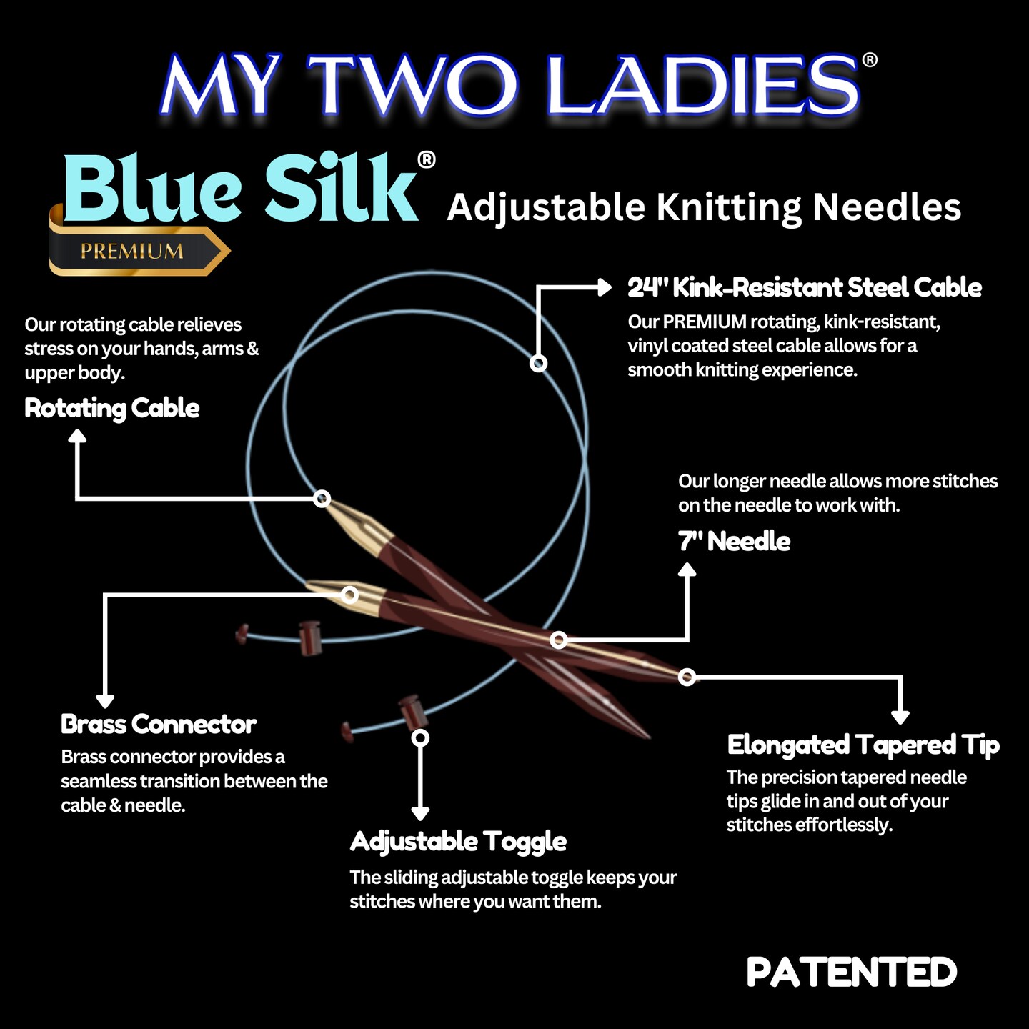My Two Ladies | Blue Silk | Ultimate Adjustable Knitting Needle Set | 14 Sizes | w/custom case
