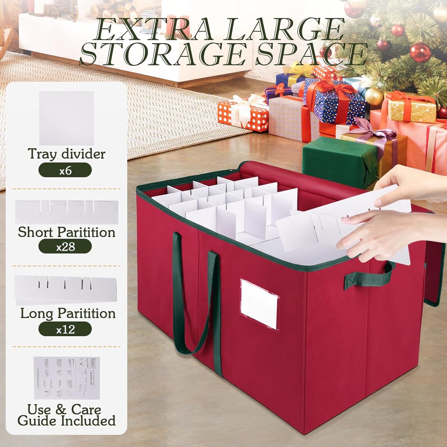 Christmas Ornament Storage Box, Store Up to 128 Ornaments, Durable Christmas Storage Container, Dual Zipper &#x26; Adjustable, Large Organizer Bin to Protect and Store Holiday Ornaments(Red)