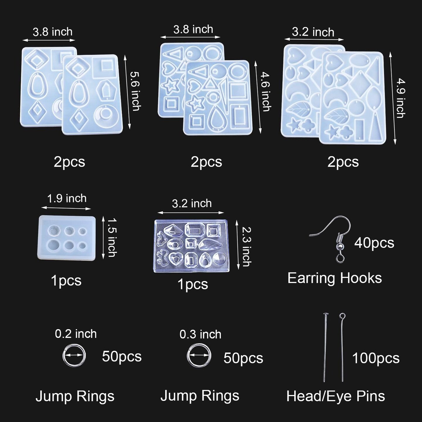 LET&#x27;S RESIN 198PCS Resin Jewelry Molds, with 8 Pairs Earring Resin Molds, Resin Earring Molds Silicone for Jewelry, Earring Hooks, Jump Rings, Head/Eye Pins for Resin Jewelry, Pendant