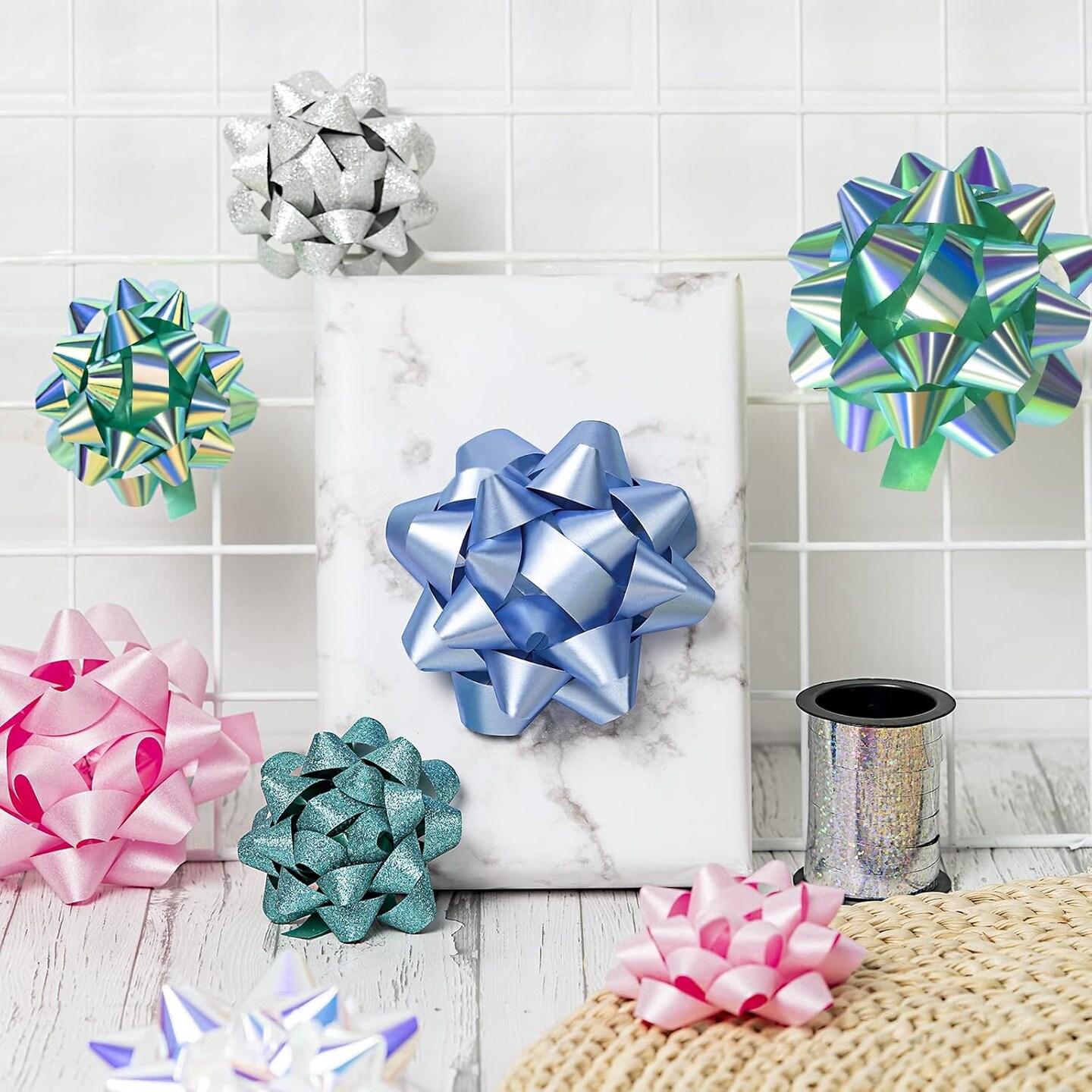 14 Pcs Gift Bows Assortment - 12 Multi Colored Assorted Size Gift Bows (Silver, Green, White, Pink, Blue) and 2 Crimped Curling Ribbons, Perfect for Christmas, Holiday, Party