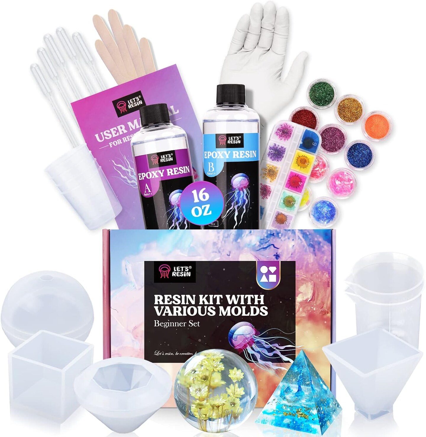16OZ Resin Molds Silicone Kit Complete Set Bundle with Sphere, Pyramid Molds, Resin Epoxy Starter Kit for Beginner Resin Casting