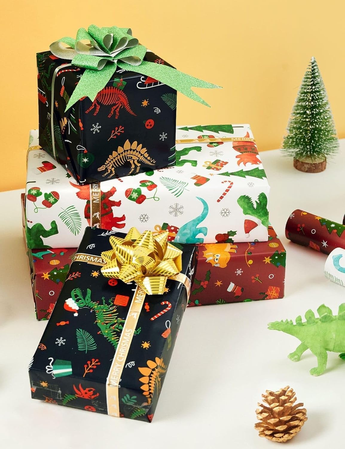 Christmas Kids Wrapping Paper - 3 Rolls 17" x 120" Kids Christmas Dinosaur Wrapping Paper Rolls Boys Christmas Wrapping Papers Christmas Birthday Gift Wrap Paper with Cutting Line
