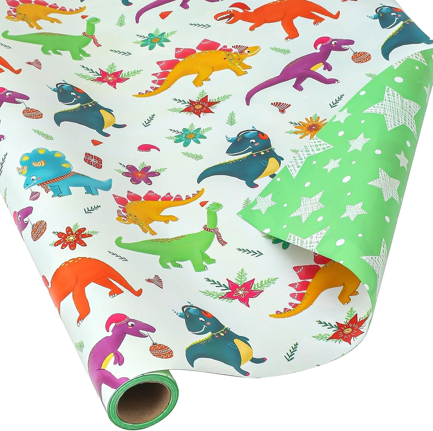 Dinosaur Christmas Wrapping Paper Roll for Kids Baby - Cute Dinosaurs with Xmas Decoration and Stars Design - Reversible Holiday Gift Wrap Paper, 17.7 Inch