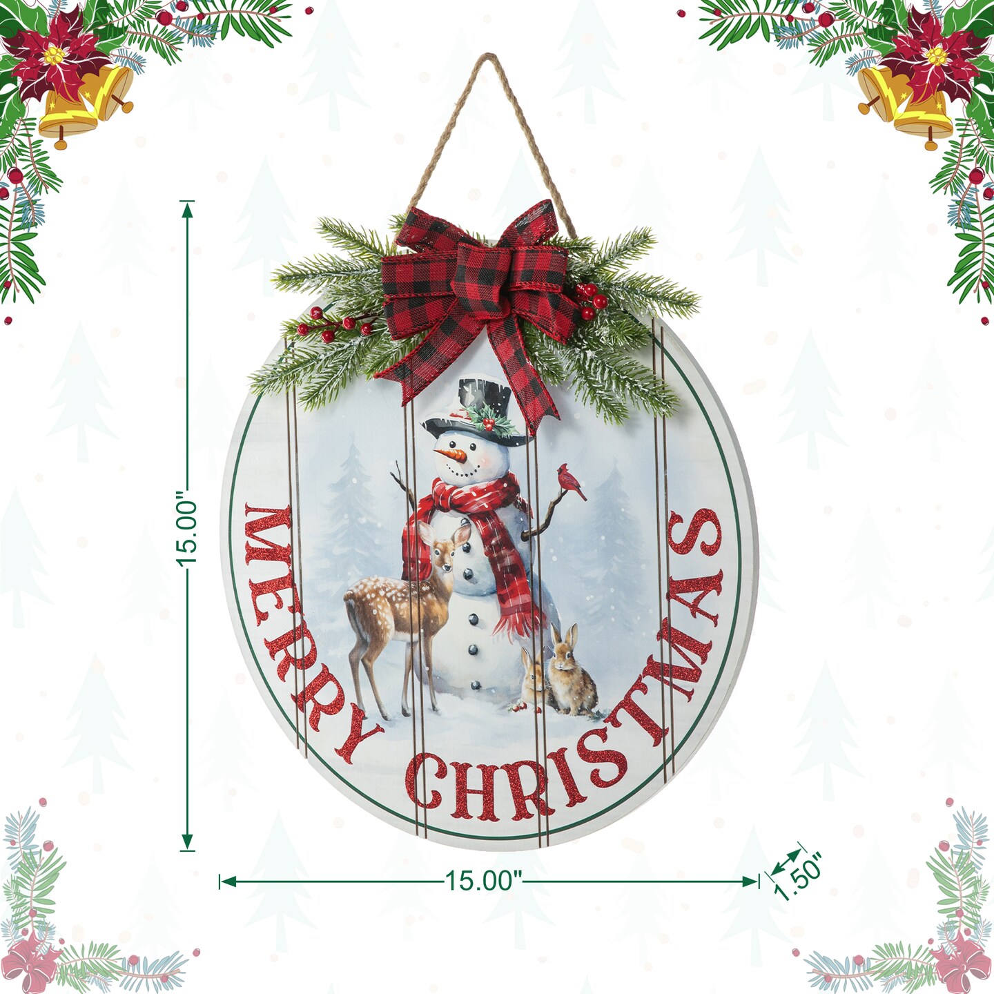 15&#x22;D Wooden Christmas Round Word Sign Door Hanger