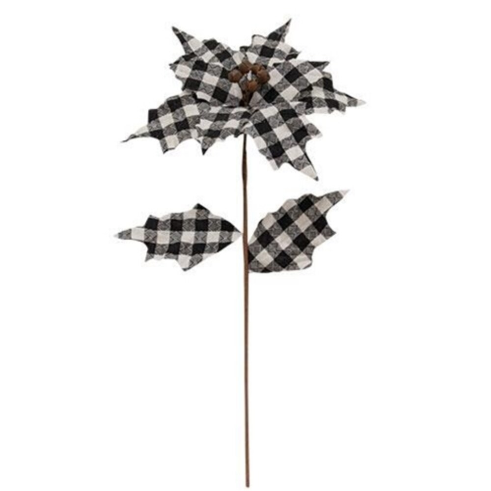 Black &#x26; White Plaid Country Poinsettia Spray 20&#x22;