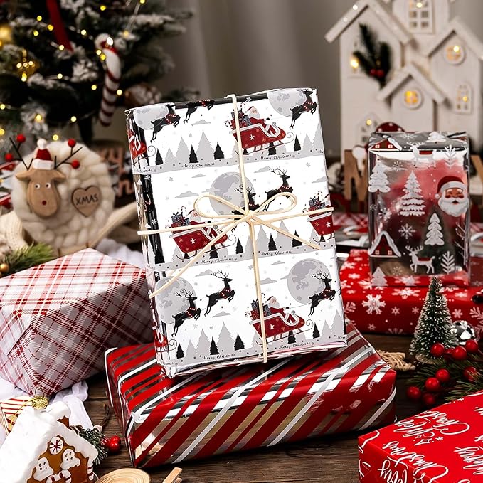 Wrapping Paper Roll - Metallic Shine Santa, Sleigh, Reindeer, Stripe, Plaid, Letterings, Snowflake for Christmas, New Year Celebration - 3 Rolls - 17 x 120 Inch Per Roll