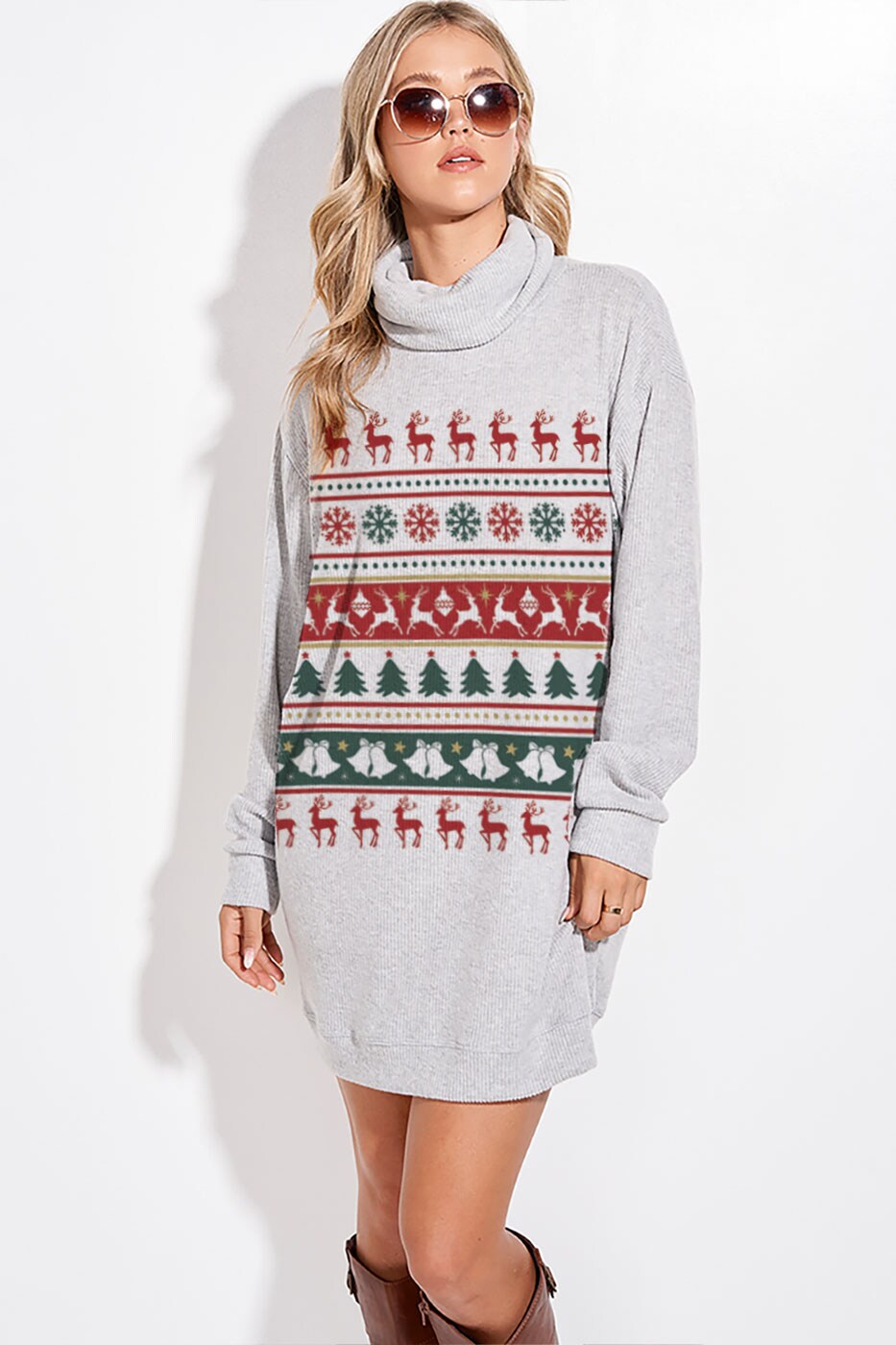 Christmas Pattern Print Turtle Neck Tunic Dress