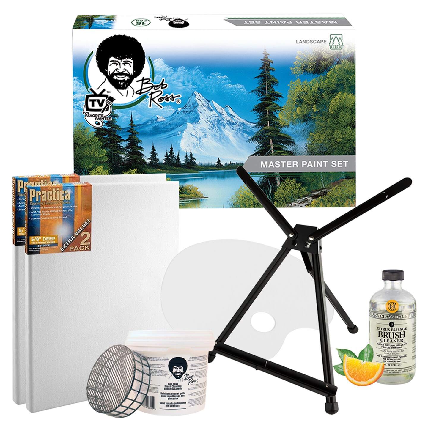 Bob Ross Master Paint Set Artist Bundle - Includes Travel Easel, Pre Stretched Painting Canvas, Natural Brush Cleaner, Clear Acrylic Palette, and Cleaning Bucket &#x26; Screen