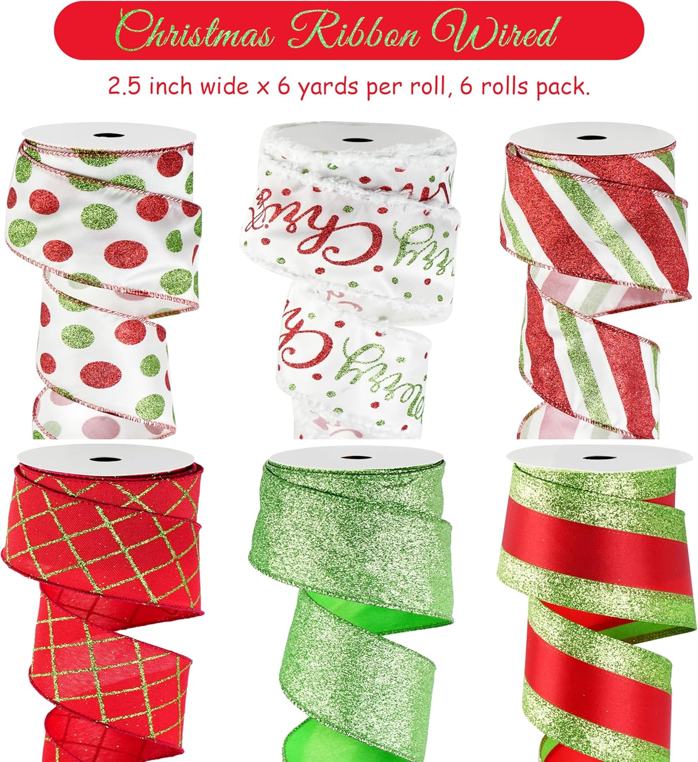 Red and Lime Green Christmas Ribbon Wired 2.5&#x22; Red Green Christmas Tree Ribbon Garland Red Green Wired Ribbon for Wreaths, Topper Bows, Gift Wrapping, Crafts (6 Rolls 36 Yards)