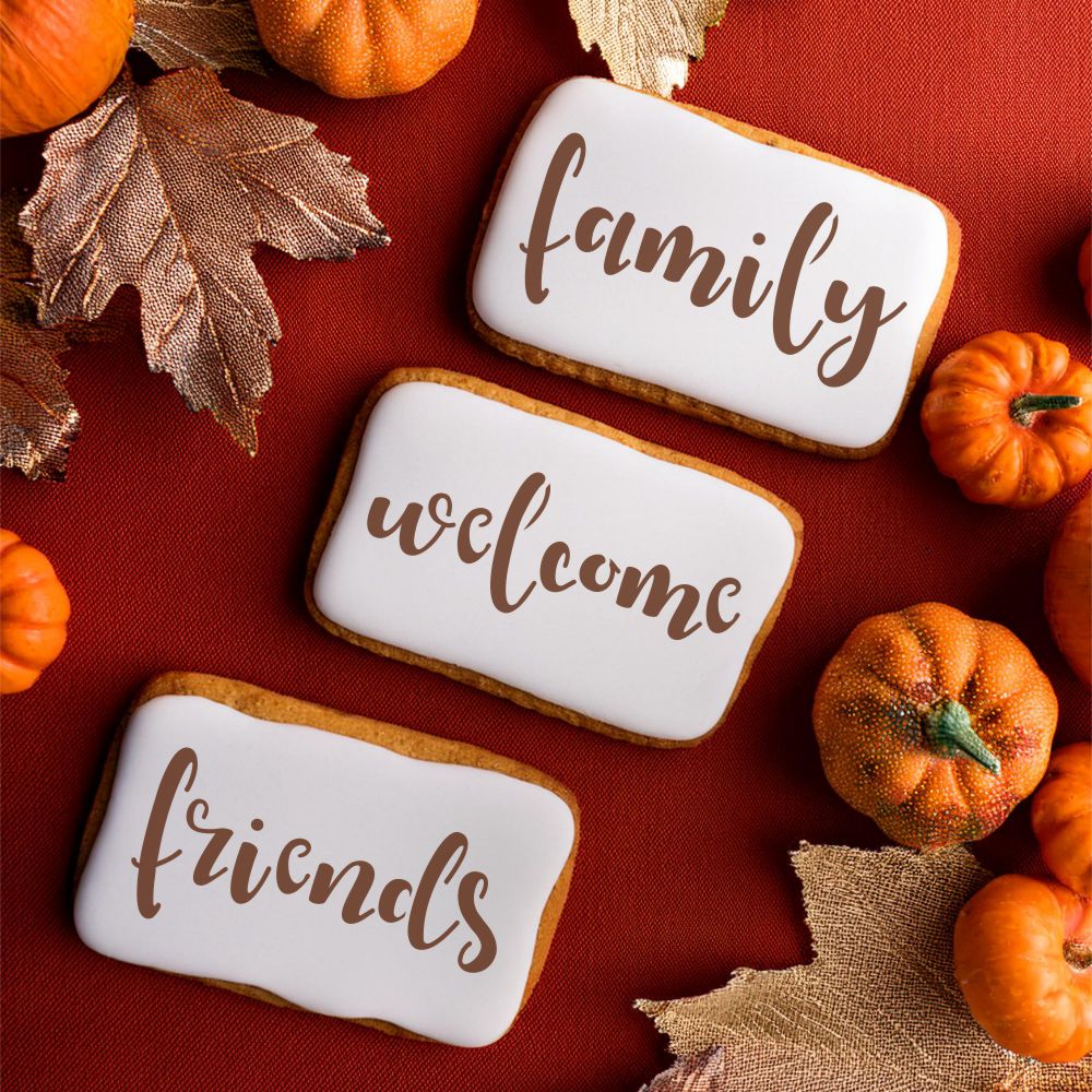 Family, Friends, Welcome Cookie & Craft Stencil | CM115 by Designer Stencils | Cookie Decorating Tools | Baking Stencils for Royal Icing, Airbrush, Dusting Powder | Craft Stencils for Canvas, Paper, Wood | Reusable Food Grade Stencil