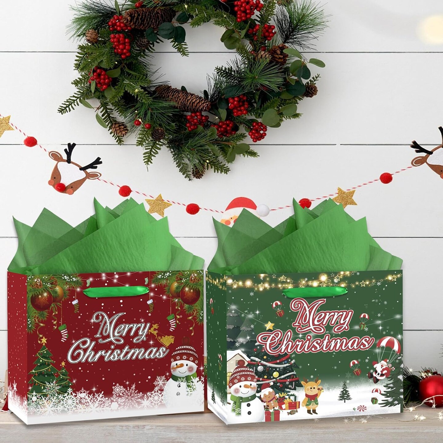 Christmas Gift Bags, Red Merry Christmas Bags with Card and Tissue Paper, Large Christmas Gift Wrapping Paper Christmas Treat Bag, Gift Bags for Christmas Party Decorations Supplies (Red)