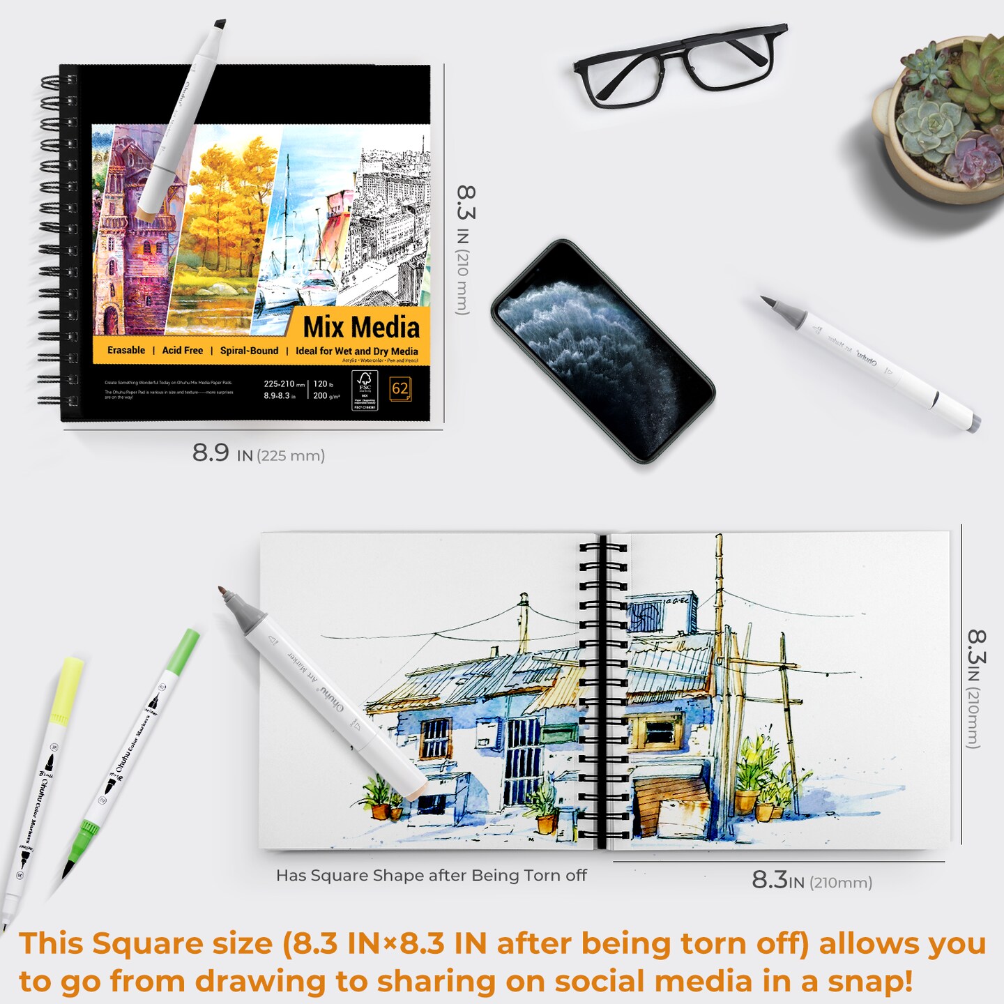 Ohuhu Mix Media Pad, Mixed Media Art Sketchbook, 120 LB/200 GSM Heavyweight Papers, Spiral Bound Mixed Media Paper Pad for Acrylic, Painting Christmas Gift