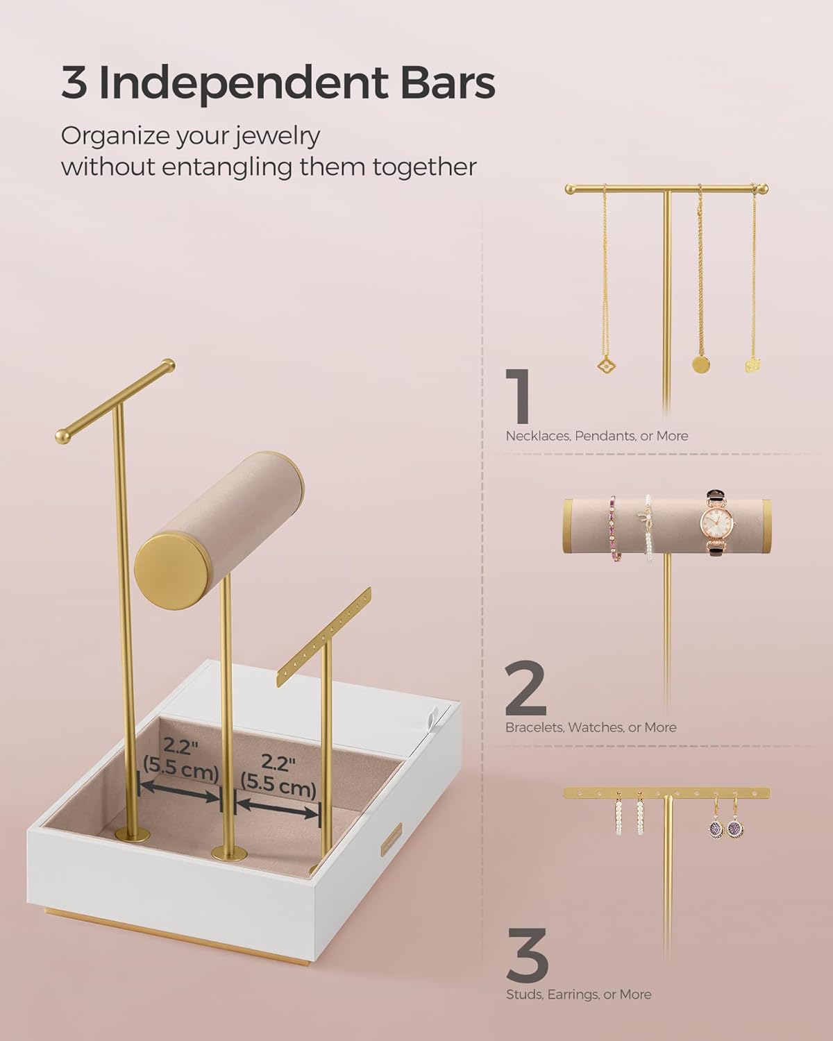 Jewelry Holder, Jewelry Organizer, Jewelry Display Stand, Metal Earring Organizer with Mirror, with Necklace Earring Bracelet Holder, for Rings, Christmas Gift, White and Gold UJJS022W01V1