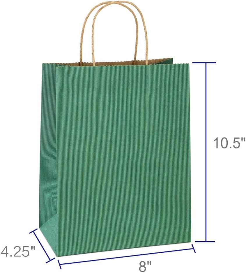 Shopping Bags 8x4.25x10.5 Inches 100Pcs Gift Bags Kraft Bags Retail Bags Green Stripe Paper Bags with Handles Bulk, 100% Recycled Paper Gift Bags