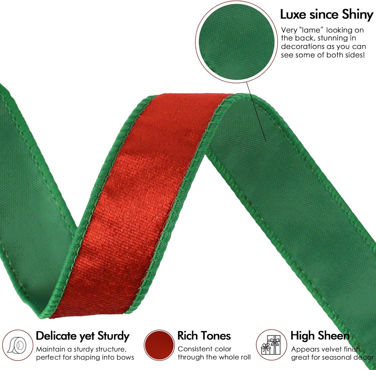 Crushed Red Velvet Ribbon with Green Back Double Sided Christmas Wired Ribbon 1 Inch Velvet Wired Ribbon 25 Yards Red and Green Velvet Ribbon for Christmas Tree, Wreath Supplies, Crafts Bow