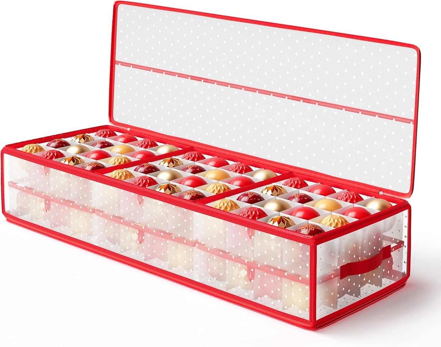 Christmas Ornament Storage Box, 96 Slots of 3 Inches, 38&#x22; L x 13.2&#x22; W x 6.9&#x22; H, Bauble Storage Box with Dividers, Zippers, Side Handles, Under the Bed, Cherry Red URFB031T02