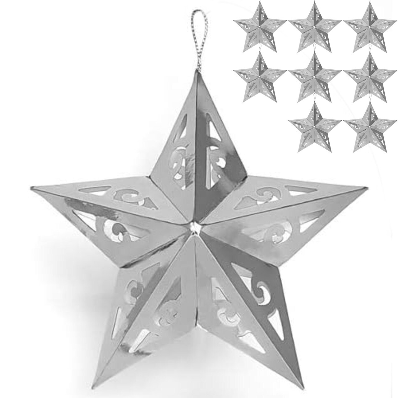Silver Star Christmas Tree Ornaments Set COLLAPSIBLE (8 ct.) 5 Inches Tall