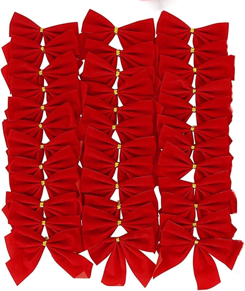 Goods Mini Red Christmas Bows Pack of 36-3.5” x 3.5” Small Bows for Christmas Tree - Red Velvet Bows for Ornaments, Crafts, Candy Canes - Gold Wire Twist Tie for Easy Attachment