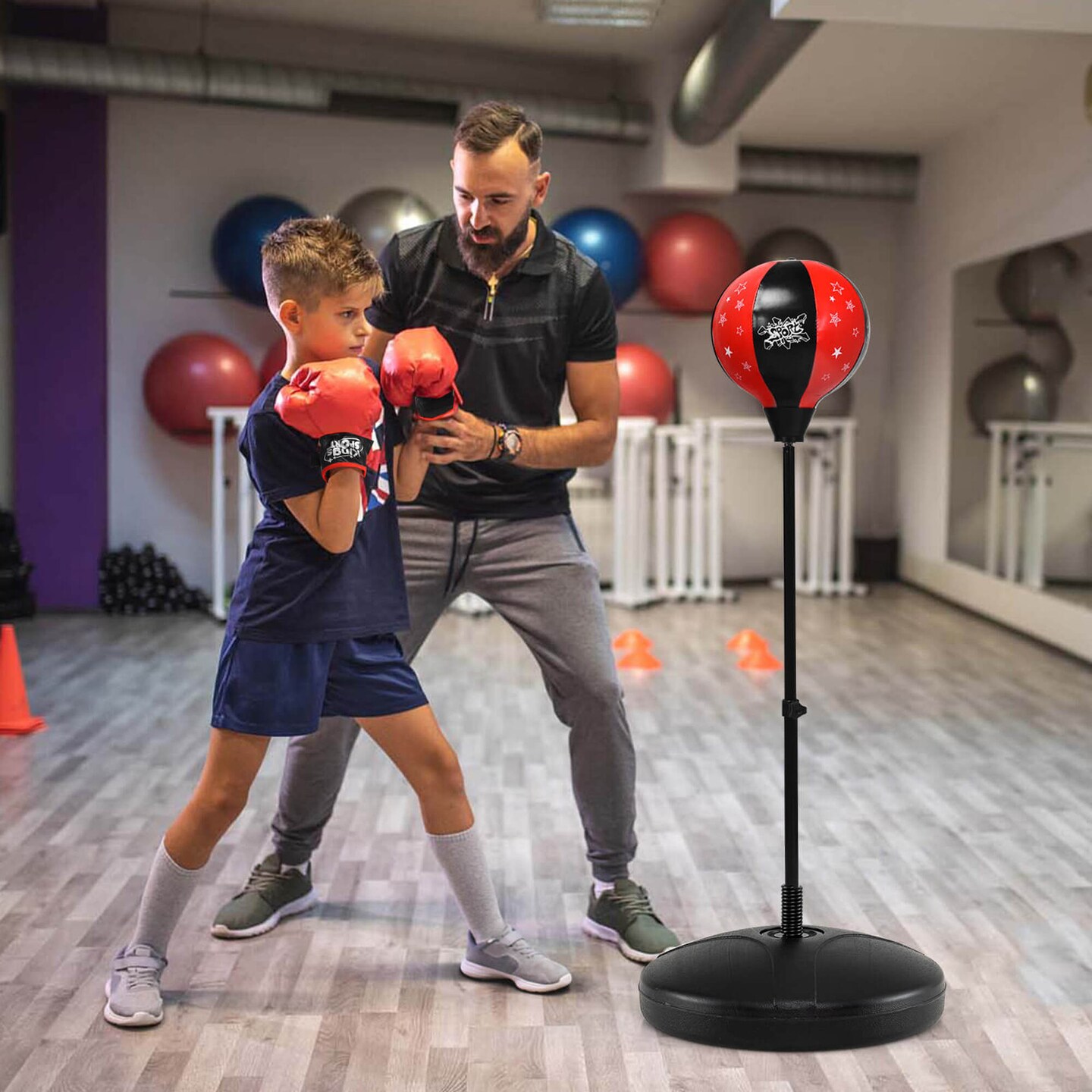 Costway Kids Punching Bag Toy Set Adjustable Stand Boxing Glove Speed Ball with Pump Red/Pink