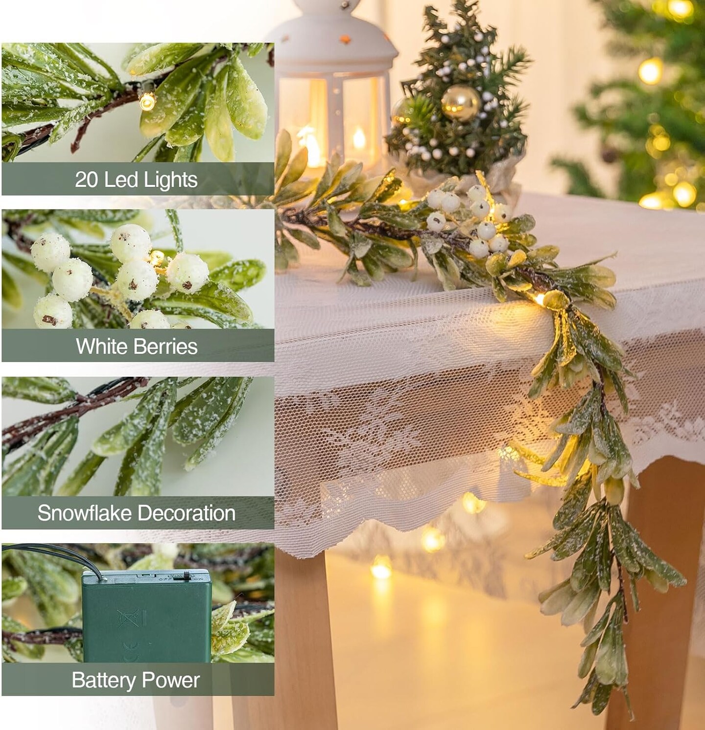6.2FT Pre-lit Christmas Garland with 20 LED Lights, Battery Operated, Flocked Olive Lighted Garland with Snowflakes for Mantle Stairs, Indoor&Outdoor, Greenery Garland Christmas Decorations