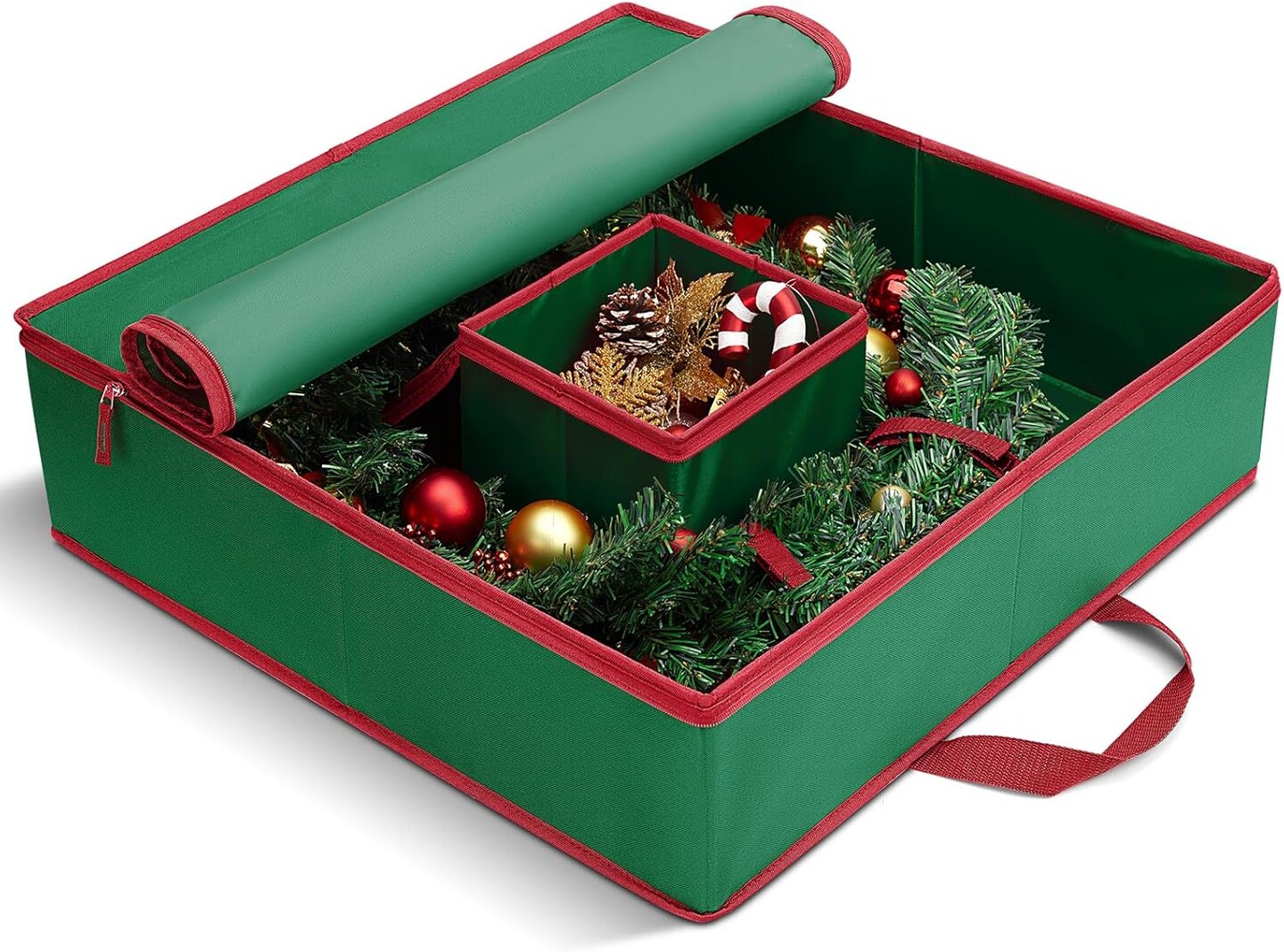 Christmas Wreath Storage Container 24 inch, Hard Shell Wreath Storage Bag with Inner Pocket, Sturdy Handles and Zippers, 600D Oxford Holiday Ornament Wreath Storage Box (GREEN, 1pc)
