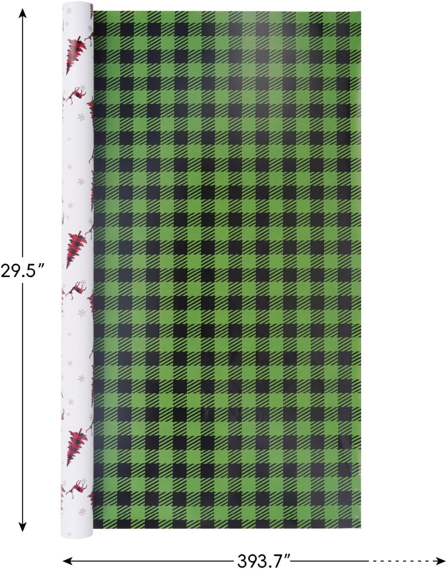 Christmas Wrapping Paper Long Roll, Reversible Roll Two Side Wrapping Paper 30x390 Inch - Deer Plaid
